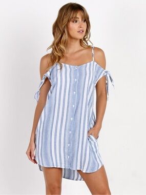 Bella Dahl Blue and White Striped Cold-Shoulder Tie-Shoulder Button Dress